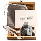 GOURMEO 9 Whisky Steine im Set in der Holzbox aus natürlichem Basalt mit einer Edelstahl Zange - Eiswürfel wiederverwendbar - Whiskysteine - perfektes Zubehör für Whiskey Geschenk