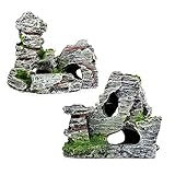 2pcs Aquarium Rock Cave Dekoration mit Grün Gras für Fische Garnelen Verstecken Aquarium Dekoration Harz Aquarium Zubehör,Aquarium Harz Höhle Mountain View Moos Baum Haus