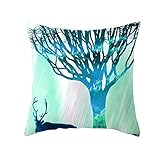 Deko Kissen Grün, Zierkissen Polyester Kissenhülle 45X45cm 1er Set Blau Baum Hirsch Winter Home Deko für Sofa Wohnzimmer Schlafzimmer