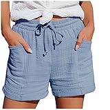 Damen Shorts Sommer Mode Lässige Hose mit hoher Taille Gerades Bein Sport Lässige Lockere Shorts mit Kordelzug Kurze Hose mit Taschen Gummiband Freizeit Shorts Elastische Stoffhose