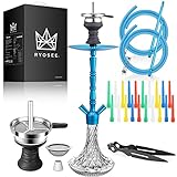 RYOSEE Shisha Set 72cm mit 2 Anschlüssen+ 2 Schlauche und Mundstück, Alu Wasserpfeife Komplettset inkl. Tonkopf, Kopfadapter mit 18/8 Schliff, Kohlezange, Edelstahl Tauchrohr, Closed Chamber (Blau)