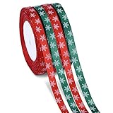 Kiiwah 100m 4 Rollen Schneeflocke Satinband Geschenkband Dekoband Schleifenband Bänder für Weihnachten Dekoration (Rot, Grün)