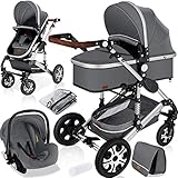 KESSER® Loops 3 in 1 Kinderwagen Kombikinderwagen komplettset incl. Babywanne & Buggy Sportsitz & Auto-Babyschale - Voll-Gummireifen - Wickeltasche/Regenschutz/Kindertisch Set Grau/Silber