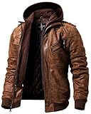 FLAVOR Echtes Lederjacke Herren Abnehmbarer Hoodie (L, Braun)