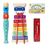 Hölzernes Xylophon für Kinder – Kinder Musikinstrument für Jungen und Mädchen, Glockenspiel für Mini-Musiker, kommt mit Schlägel, Noten, Holzflöte und Mundharmonika als Geschenk