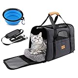 morpilot Hundetasche Transportbox, Atmungsaktive und Faltbare Hundebox mit Verstellbarem, Katzentransportkäfig mit Abnehmbarer Plüschmatratze + Schüssel, 43x30x33 cm (1er Pack)