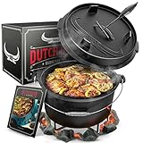 BBQ Dutch Oven - Dutch Oven Set [8L] - Für Induktion geeignet - Mit Topfständer - Eingebrannter Feuertopf aus Gusseisen - inkl. Deckelheber & e-Book