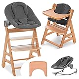 Hauck Alpha Plus Move Newborn Set - Baby Holz Hochstuhl ab Geburt mit Liegefunktion - Premium Aufsatz für Neugeborene, Tablett & Sitzpolster - mitwachsend - Jersey Charcoal