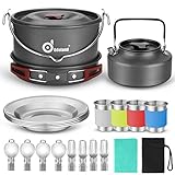 Odoland Camping Geschirr Set Outdoor Kochgeschirr 22-teiliges Camping Kochgeschirr Set 4L Faltbare Kochtopf 1.6 L Camping Teekessel 1.5 L Pfanne für Outdoor Kochen Picknick Wandern 4 Personen