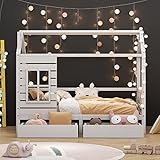 Hausbett Einzelbett Spielbett Mit Rausfallschutz, Fenster & Schublade & Zeichenbrett - für Kinder/Mädchen/Junge, 90x200 cm, Kiefernholz ,Weiß