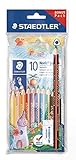 STAEDTLER Jumbo Buntstifte Noris Club, erhöhte Bruchfestigkeit, Dreikantform, ABS-System, kindgerecht nach DIN EN71, Set mit 10 brillanten Farben, Radierer und Bleistift, 61 SET7