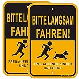 2tlg. Bitte Langsam Fahren Schilder, Vorsicht den Kinder und Tiere Schilder Warnzeichen Aluminium Hinweisschild (300 * 450mm) …