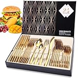 Besteckset Golden 24 Teilige, Geschenkset Edelstahl Essbesteck für 6 Personen, Messer und Gabel Set, Tafelbesteck, Spülmaschinenfest (Handwäsche wird empfohlen) Cutlery Set