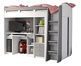 KRYSPOL Etagenbett für Kinder Combi Stockbett mit Treppe, Kleiderschrank und Schreibtisch (Weiß Matt + Grau Matt)