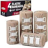 Premium Elastische Bandage – 4 Pack + 4 Extra Clips – strapazierfähige Kompressionsbandage (2 x 7,5 cm & 2 x 10 cm Rollen) dehnt sich bis zu 4,6 m Länge