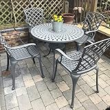 Lazy Susan 88 cm Runder Mia Gartentisch in Schiefergrau mit 4 Emma Stühlen und grünen Sitzkissen | Nachhaltiges Sandguss-Aluminium | Wetterfest | Rostfrei | Wartungsarm | 2 Jahre Garantie