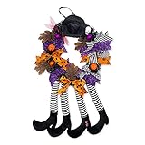 Halloween Kranz Deko Ø 30cm Hexen Hut Bein Kürbis Türkranz Gesamthöhe 60cm Halloween-Dekoration für Haustür Wanddekoration Party