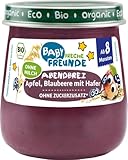 BABY FRECHE FREUNDE Bio Gläschen Abendbrei Apfel, Blaubeere mit Hafer, für Babys ab 8 Monaten, ohne Zucker- und Salzzusatz, vegan, 6er Pack (6x120g)