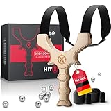 HITX® Zwille Steinschleuder Profi für Jagd | Ergonomischer Holzgriff | Slingshot Schleuder mit Gummiband Extra Stark | Top Slots Anbindung | Bundle Set mit Ersatzgummi + 100 Stahlkugeln