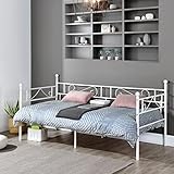 FetiNes Tagesbett Bettrahmen Bettgestell mit Lattenrost Metallbett Sofa Einzelbett für Schlafzimmer Wohnzimmer passend für 90 * 190 cm Matratze, Weiß