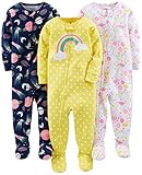 Simple Joys by Carter's Baby Mädchen Pyjamaset aus Baumwolle, mit Füßen, Anliegende Passform, 3er-Pack, Dinosaurier/Weltraum/Regenbogen, 12 Monate