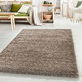 HomebyHome Shaggy Hochflor Teppich angenehmer 50 mm Flor, Farbe Silber aus Glanz Garn, maschinengewebter Langflor-Teppich rechteckig, Farbe:Taupe, Grösse:80x150 cm