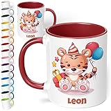 Kinder-Tasse mit Namen 'Süßer Tiger' – personalisierte Tasse für Kinder mit niedlichem Tier-Motiv - rundum bedruckt – schönes Geschenk für Jungen & Mädchen | Weihnachten, Geburtstag (Bordeaux)