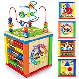 Motorikwürfel |groß Motorikwürfel ab 1 Jahr | 5 IN 1 Dinosaurier Holz Motorikwürfel mit Formsortierer Lernuhr Abakus Zahnradspiel Montessori Feinmotorik Holzspielzeug Geschenk für Baby 1 2 3 Jahren