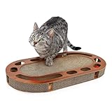 Pfotenolymp® Katzenspielplatz ‎57 x 30 x 5 cm - interaktives Katzenspielzeug/Kratzbrett aus Wellpappe - Kratzpappe - Futterspielzeug mit Spielball & Katzenminze