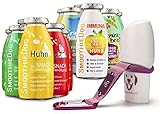 Doggyroller mit Silikonhalterung und Karabiner + 12er Probierset SmoothieDog Hundesmoothie 2xLamm-2xRind-2xHuhn-2xTrinkpause-2xImmunio-2xGemüsebeet je 250ml Hundesmoothie (Rosa)