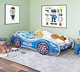 Alcube® Autobett 80x160 cm PKW Polizei mit Lattenrost und Matratze MDF beschichtet - mit Motivfolie beklebtes Spielbett Kinderbett 160x80 cm für kleine Polizisten - Blau