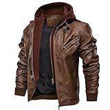 FEDTOSING Lederjacke Herren Kunstlederjacke Abnehmbarer Kapuze Cargojacke Winterjacke Slim Fit(Brown B L)