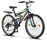 Licorne Bike Strong V Premium Mountainbike in 26 Zoll - Fahrrad für Jungen, Mädchen, Damen und Herren - Shimano 21 Gang-Schaltung - Vollfederung - Schwarz/Blau/Lime