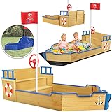 KIDIZ® Sandkasten AHOI - Piratenschiff Boot Segelschiff aus Holz Inkl. Abdeckung, Bodenplane, Sitzbank, Flaggenmast | Große Kinder Sandkiste für den Garten | Outdoor Sandbox Blau