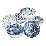 Keramik-Snackschüsseln 6er Set im japanischen Stil, Blau und Weiß Schalen, 11 cm Kleine Reisschüsseln Set, China Suppenschüsseln (11,4 cm)