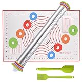 feixia Nudelholz Teigroller,Teigrolle Edelstahl, Teigroller mit Silikonmatte,Cremespatel,Bürste (type1)