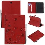 Miagon Smart Hülle für Samsung Galaxy Tab A SM-T550 {9.7'},Pu Leder Katze Biene Schutzhülle Case Cover mit Auto Schlaf/Wach Ständer Stift Halter Funktion,Rot