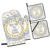 DXBO 4-teiliges Ofenhandschuhe- und Topflappen-Set You Are My Sunshine Heart Pattern Grillhandschuhe Wiederverwendbare Küchenhandschuhe Ofenhandschuhe for Grillen, Kochen, Grillen