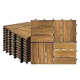 Aufun Holzfliesen Balkon 30 x 30 cm Akazien-Holz Terrassenfliese Balkonfliesen Klickfliese, Bodenbelag, Drainage, Garten Klick-Fliese, Modell B: 1m² (11 Stück)