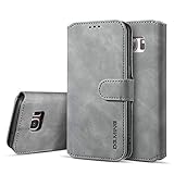 UEEBAI Handyhülle für Samsung Galaxy S7 Edge, Hülle Retro Premium PU Leder Weiche Klapphülle Magnetverschluss Wallet Kartenfach Standfunktion Cover Anti Kratzern Flip Case Trageband Schutzhülle -Grau