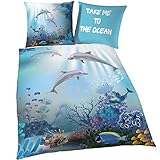 Delfin Fein Biber Mädchen & Jungen Bettwäsche · Kinderbettwäsche · Jugendbettwäsche ☆ Meerestiere, Fische & Korallen in Aqua, blau - Kissenbezug 80x80 + Bettbezug 135x200 cm - 100% Baumwolle