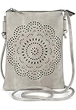 styleBREAKER Damen Mini Bag Umhängetasche mit Blumen Lasercut Cutout Muster und Strass, Schultertasche, Handtasche 02012367, Farbe:Hellgrau