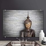 Buddha Spritzschutz Küche Silber Küchenrückwand Feng Shui Motiv Silbereffekt inkl Edelstahl Befestigung Wall-Art - 120x75 cm