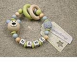 Baby Greifling Beißring geschlossen mit Namen - individuelles Holz Lernspielzeug als Geschenk zur Geburt Taufe - Jungen Motiv Bär in babyblau