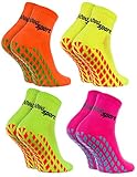 Rainbow Socks - Damen Herren Neon Sneaker Sport Stoppersocken - 4 Paar - Orange Grün Gelb Rosa - Größen 39-41