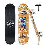 Beleev Skateboard 31x8 Zoll Komplette Cruiser Skateboard für Kinder Jugendliche Erwachsene, 7-Lagiger Kanadischer Ahorn Double Kick Deck Concave mit All-in-one Skate T-Tool für Anfänger (Gelb)