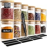 Moritz & Moritz 12 Gewürzgläser Set je 125ml - Gewürzdosen Glas inkl. Tafelsticker & Kreidestift – Luftdichte Gewürzgläser mit Bambusdeckel für Gewürze, Kräuter & Tee