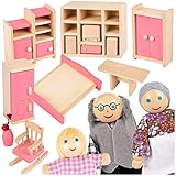 Kinderplay Puppenhaus Möbel Holz - 11-teiliges Puppenhaus Zubehör Holz, Bestehend aus Puppen, Kleiderschrank, Kommode, Blumen. Figuren von Oma, Opa, Kind, Modell GS1230