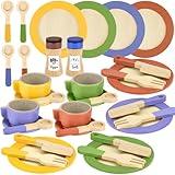 Beberolen Geschirrset Kinderküche Zubehör Holz, Spielküche Geschirr für Kinder, Puppengeschirr Holzgeschirr Kindergeschirr Teller Set, Pädagogische Puppenküche Rollenspiel Lernspielzeug Geschenk