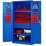 Jan Nowak Werkzeugschrank TC02AM Werkstattschrank mit Schubladen Flügeltüren Metallschrank 3 Fachböden Pulverbeschichtung 185 cm x 92 cm x 50 cm (Blue)